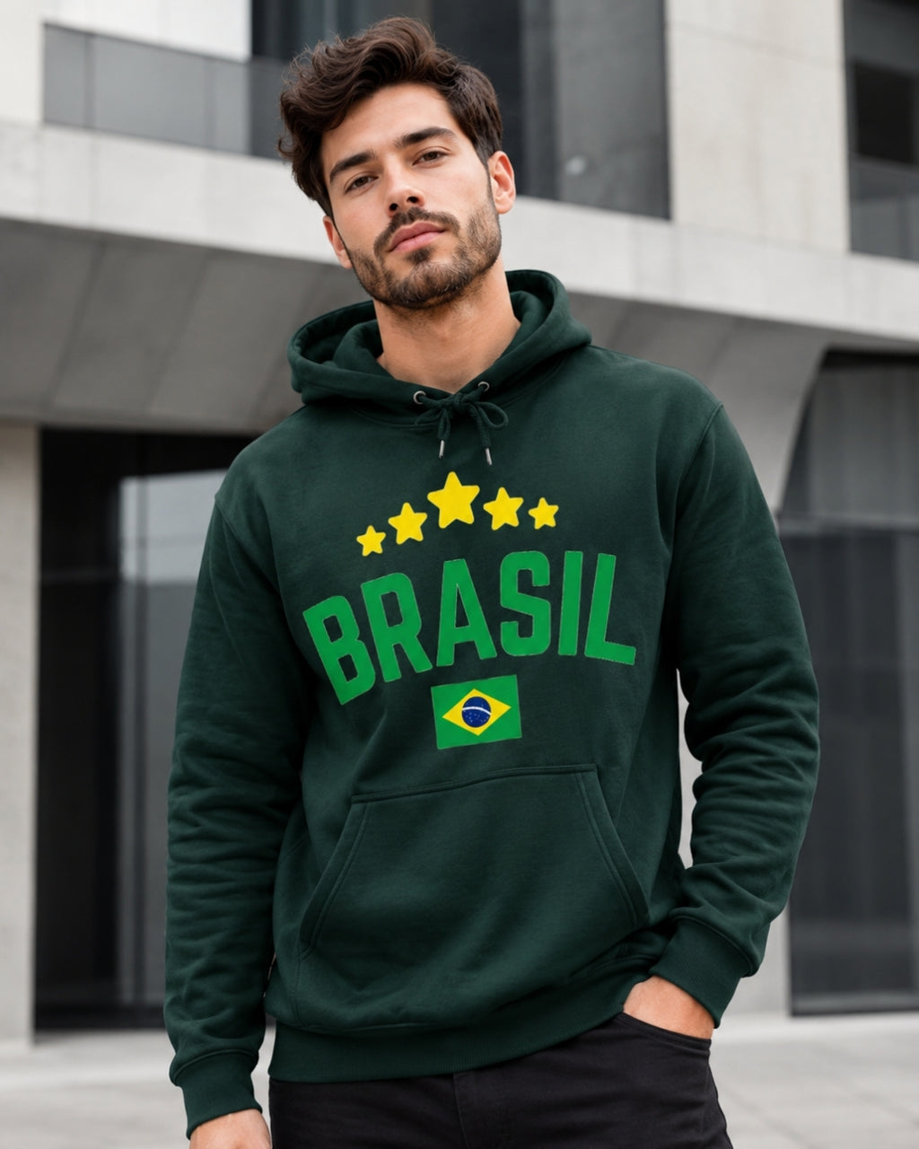 Moletom Brasil Estilo Universitário Com Estrelas E Capuz Casual