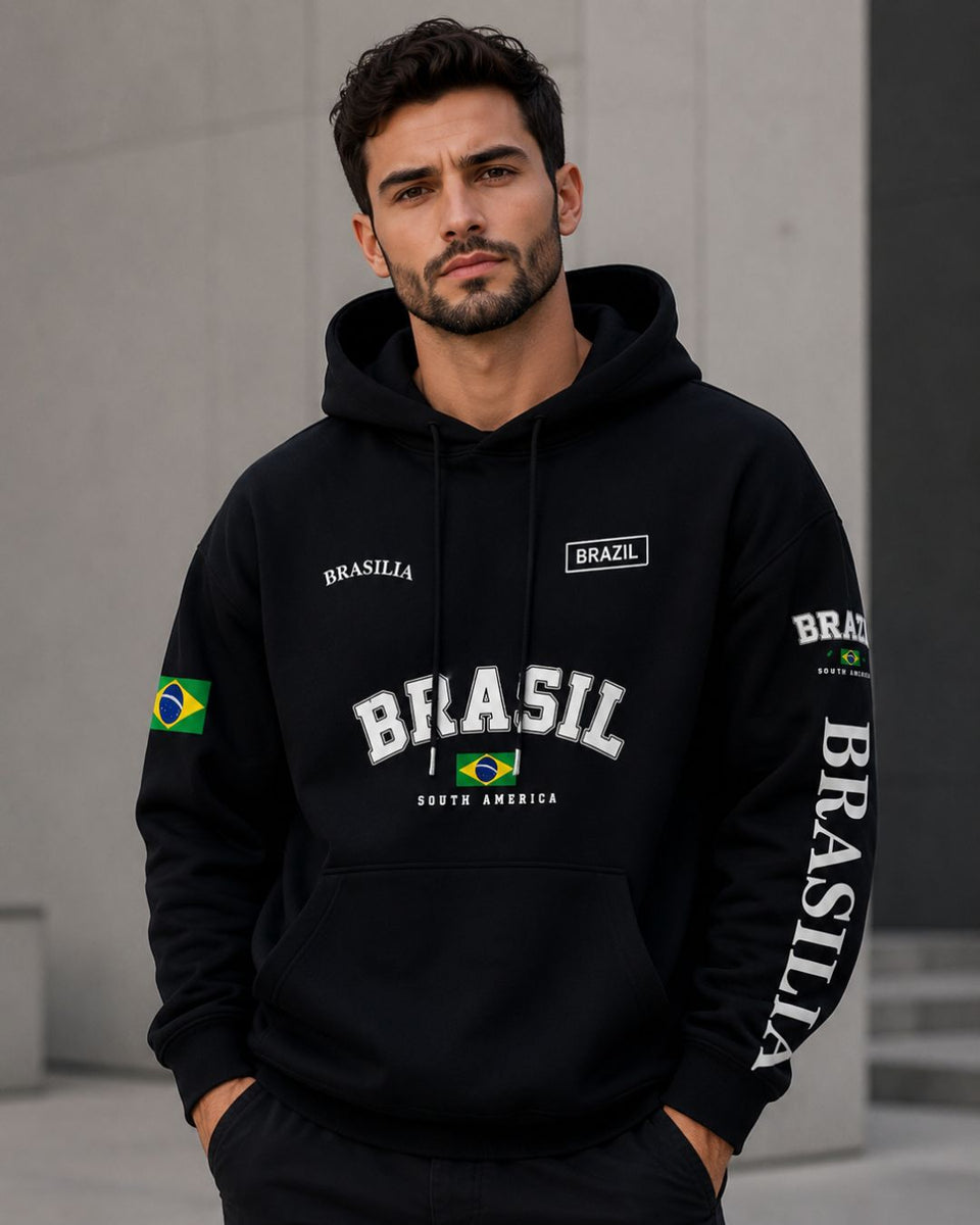 Moletom Brasil Estampa Universitária Manga Brasília Capuz