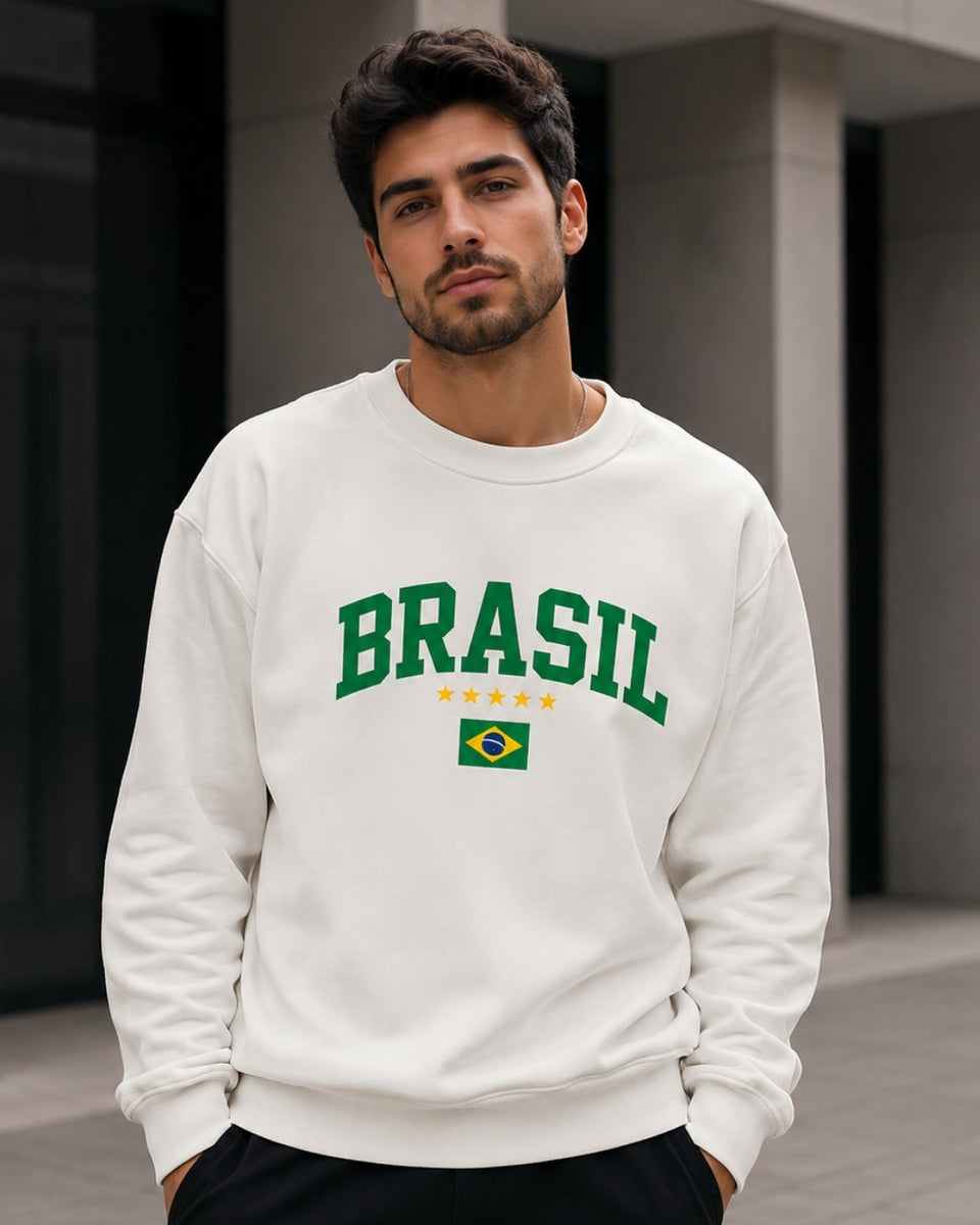 Moletom Brasil Estampa Universitária Com Bandeira Casual Urbana