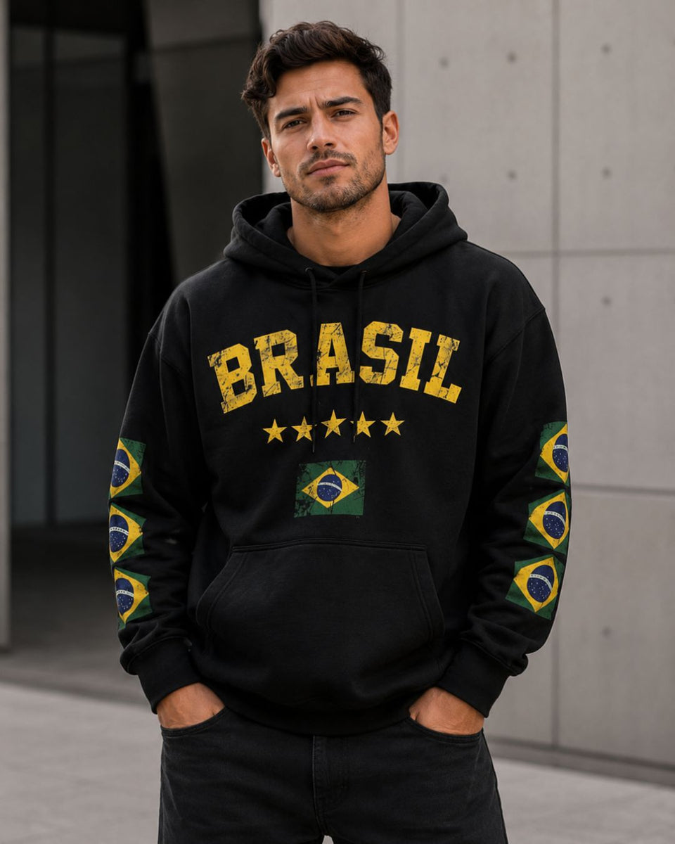 Moletom Brasil Estampa Vintage Bandeiras Nas Mangas Casual