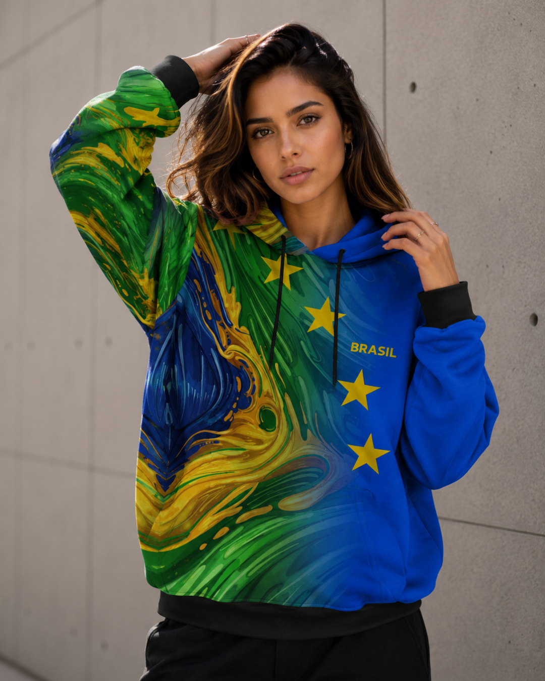 Moletom Brasil Estampa Abstrata Estrelas Com Capuz Casual