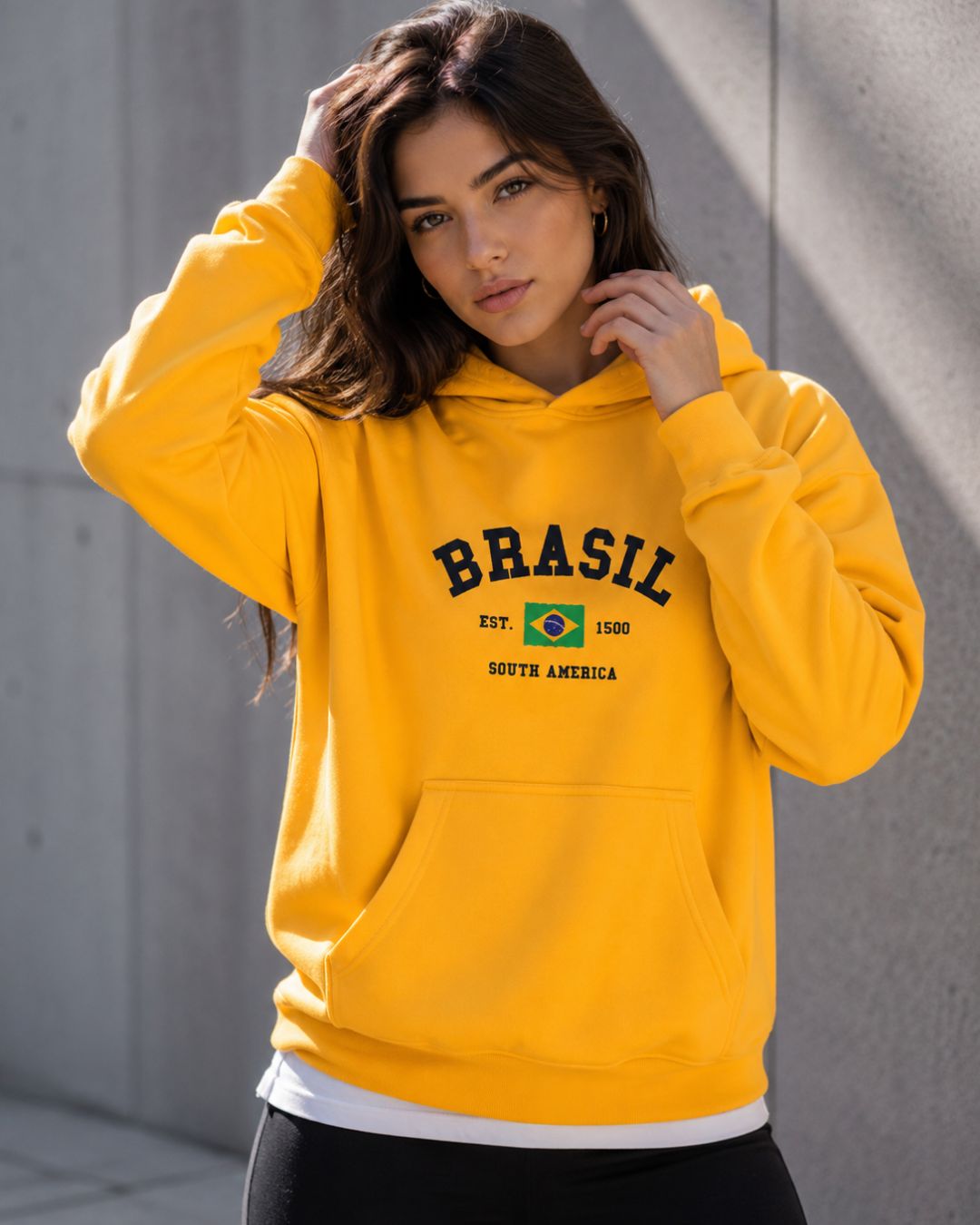 Moletom Brasil Estampa Universitária Com Capuz Casual