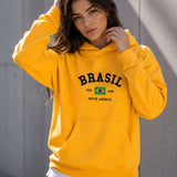 Moletom Brasil Estampa Universitária Com Capuz Casual