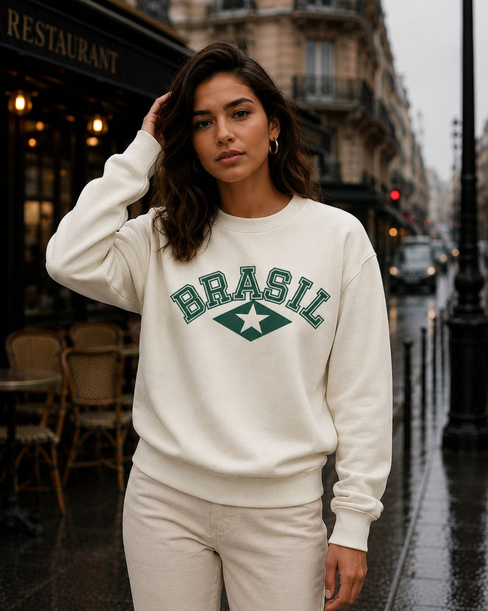 Moletom Brasil Estampa Universitária Com Estrela Estilo Casual Urbano