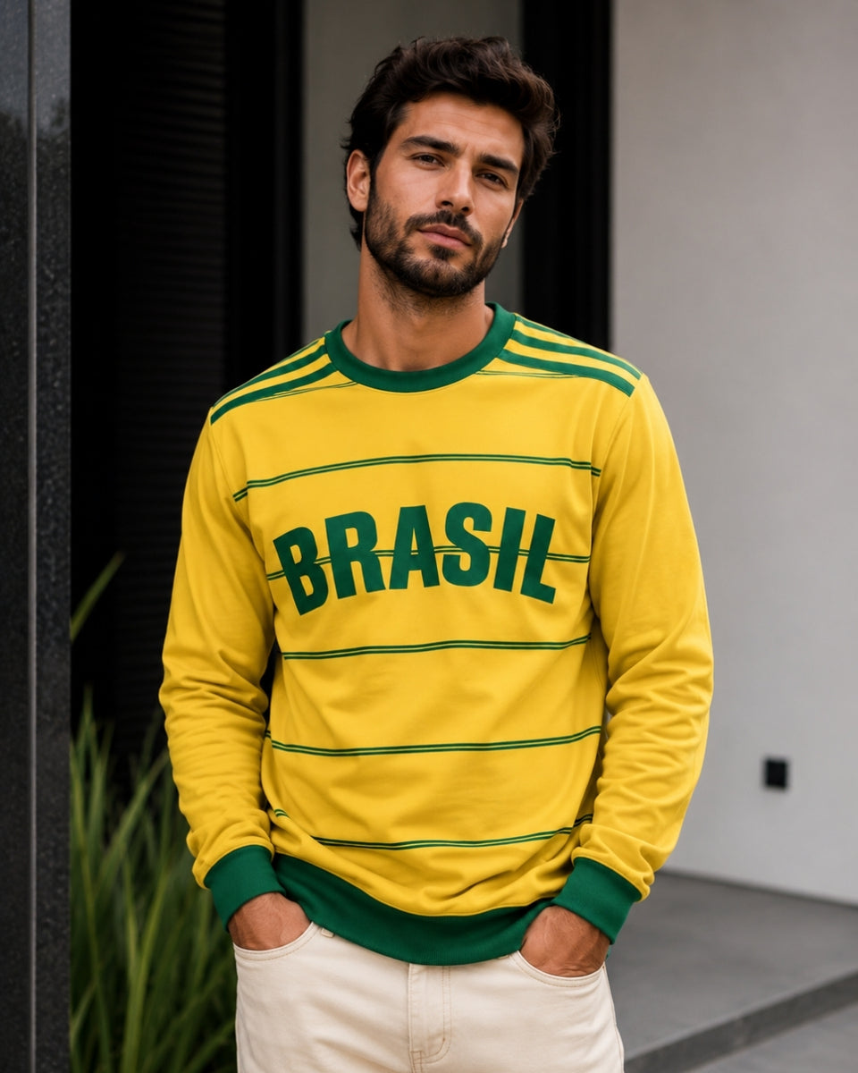 Moletom Brasil Retrô Com Listras Horizontais Estilo Casual Urbano