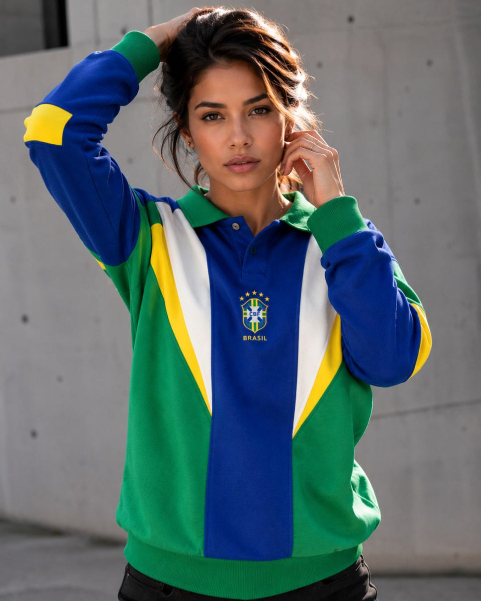 Moletom Brasil Retrô Com Gola Polo E Escudo Casual Urbano