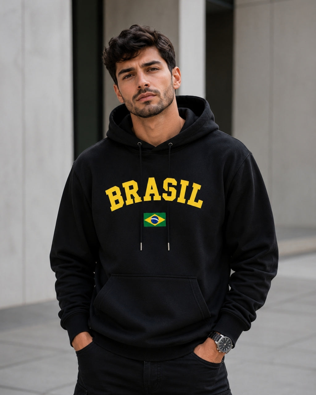 Moletom Brasil Universitário Com Bandeira Frontal E Capuz Casual