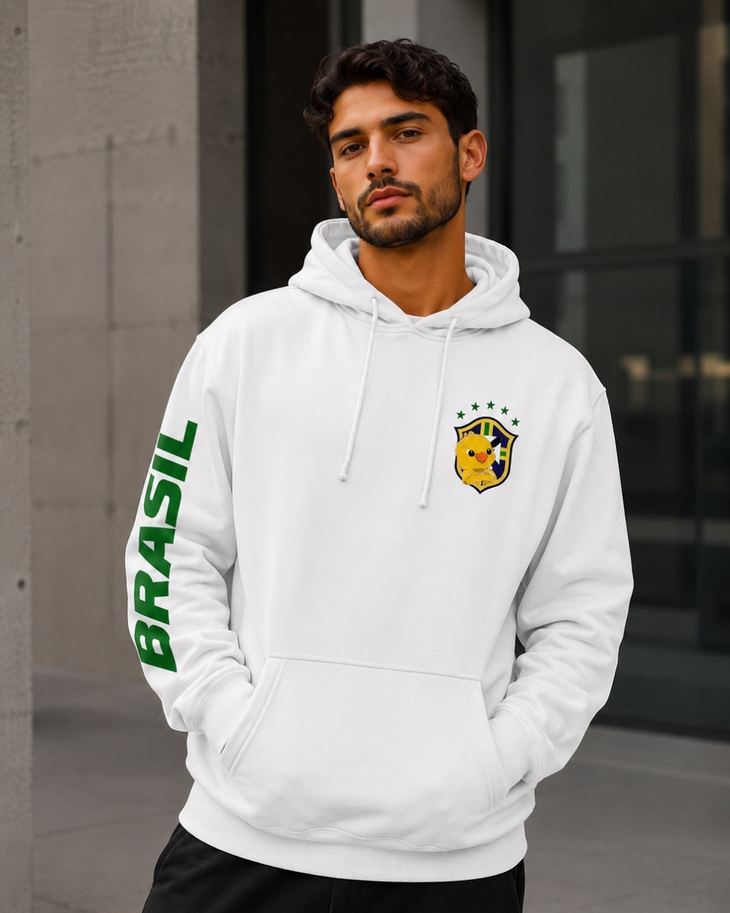 Moletom Brasil Escudo Na Manga Com Capuz Casual Esportivo
