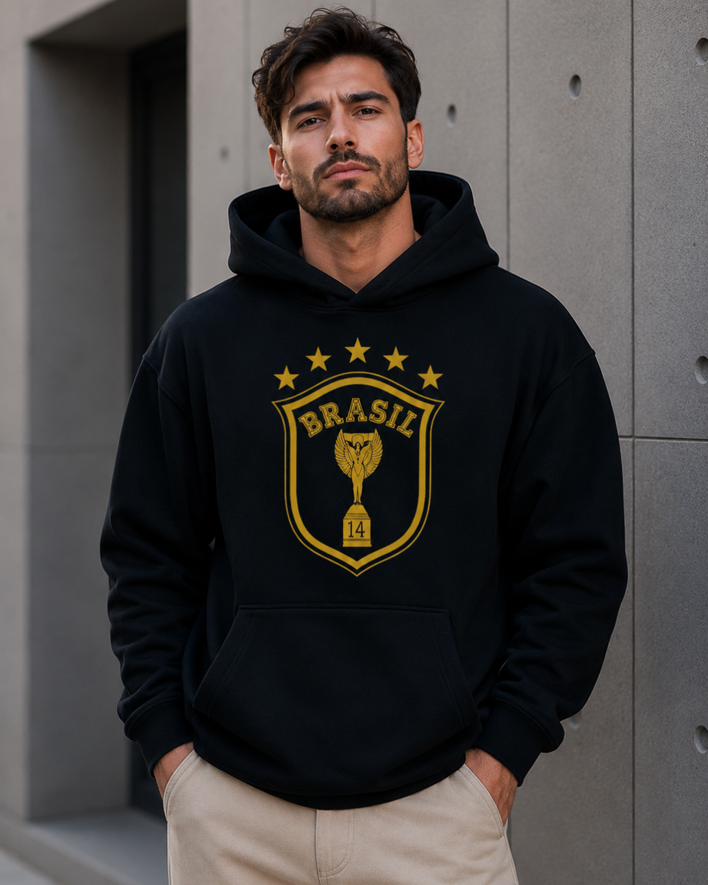Moletom Brasil Escudo Troféu Com Estrelas E Capuz Casual